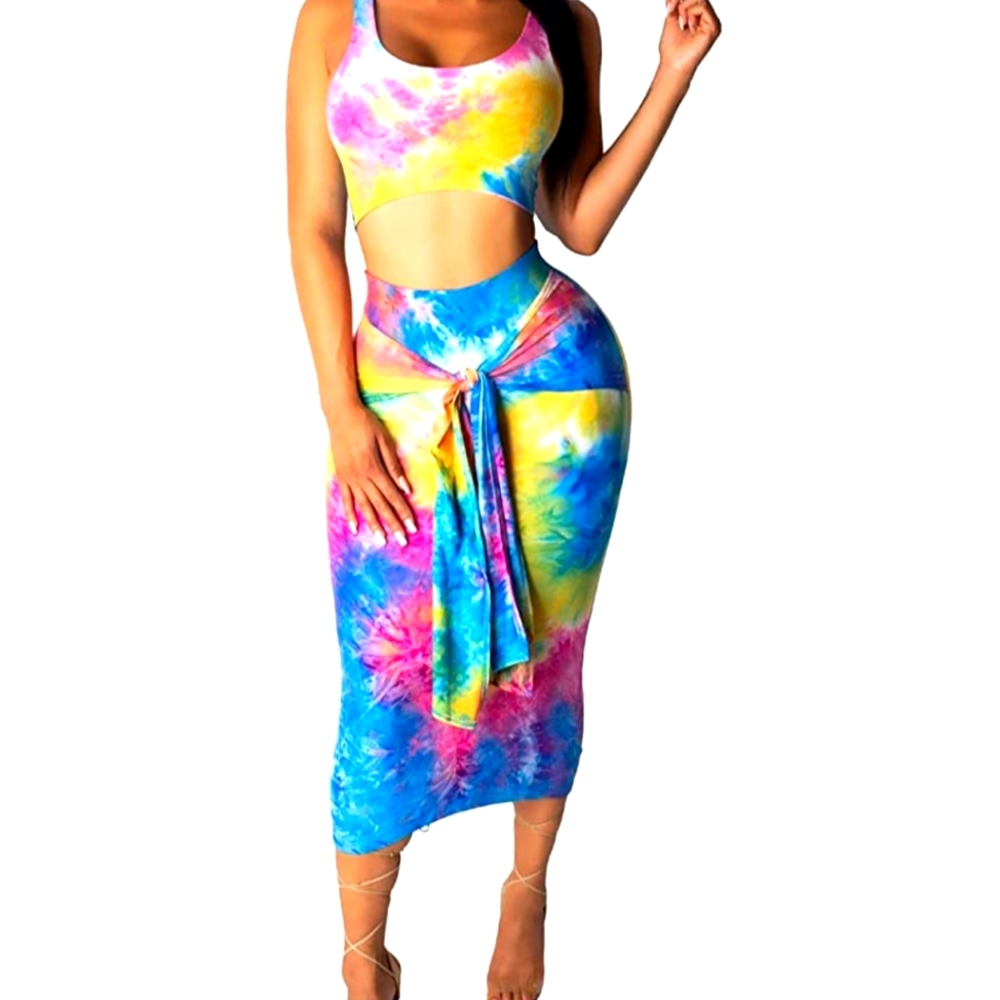 Remelon Womens Sexy Sleeveless Tie Dye Print Tank Crop Top Bodycon Tie Skirts